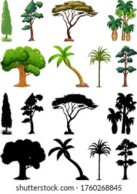 Set of plant and tree with its silhouette illustration