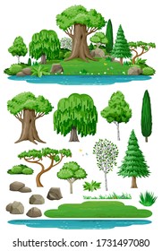 Conjunto de árboles para el diseño paisajístico. Gráficos vectoriales. Isla y lago. Un bosque de hadas o un parque.