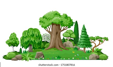 Set of plant trees for landscape design. Vector graphics. Island and lake. Cute fairy forest or park.