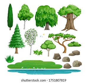 Set of plant trees for landscape design. Vector graphics. Island and lake. Cute fairy forest or park.