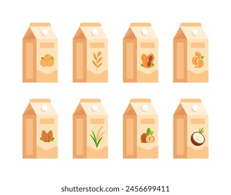 Conjunto de cajas de leche a base de plantas, con sabores a soja, avena, cacahuete, anacardo, almendra, arroz, avellana y coco. Conjunto de iconos planos aislados sobre fondo blanco. Concepto de bebida vegana, sin lácteos