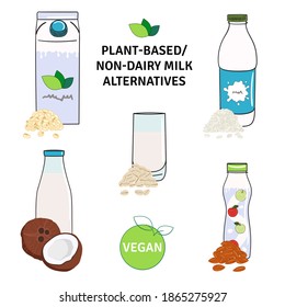 Set of plant-based, non-dairy milk alternatives. Milk bottle and carton box, yogurt. Almond, soy, rice, coconut, oat milk. Hand drawn vector illustration.