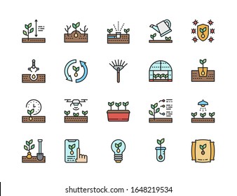 Set of Planting Flat Color Line Icons. Rake, Greenhouse, Agriculture and more.