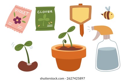 set for planting house plants. Clay pot, spray bottle, bee, sprout, seeds, plaque. Planting plants. collection of color illustrations. Suitable for postcards, prints, blog design, children's books