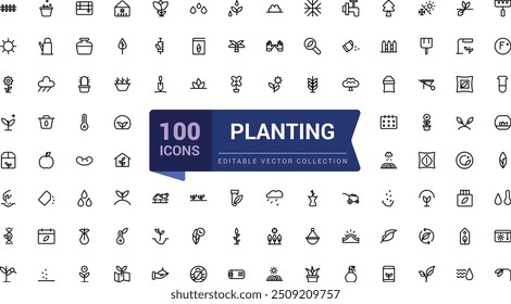 Set of planting icon set. Growing seedlings plant shoots. Agriculture and gardener. Pixel perfect, minimalistic web and UI icon. Outline icon collections.