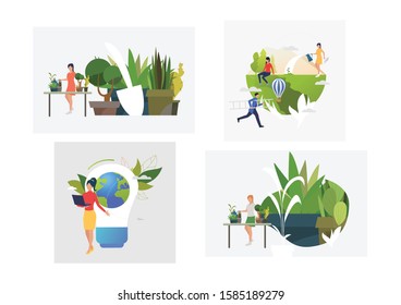 Set of planting illustrations. Flat vector illustrations of people watering plants, caring about home plants, setting pointers on globe. Nature concept for banner, website design or landing web page