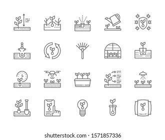 Set of Planting Line Icons. Weed Control, Plant Irrigation, Aquaponics System, Watering Can, Recycle Plant, Rake, Greenhouse, Agriculture and more.