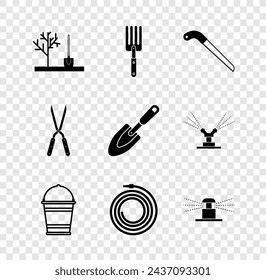 Plantar árbol en el suelo, horquilla de jardín, sierra, cubo, manguera de fuego, aspersores de riego automático, tijera hecha a mano de jardinería e icono de pala pala pala pala. Vector