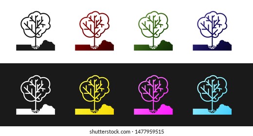 Set Planting a tree in the ground icon isolated on black and white background. Gardening, agriculture, caring for environment.  Vector Illustration
