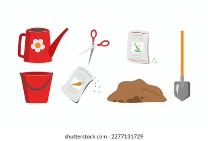 Set , planting vegetables. Seeds of plants in packets.  Vegetable garden, agroculture. Work in the garden, taking care of plants, spring season. Garden tools. Watering can, shovel, bucket, soil. 