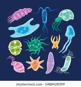 Set of planton collection, Isolated cartoon set icon phytoplankton, zooplankton sea microorganisms multicolored types of planktons, isolated on black background, vector illustration.