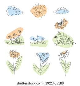 Conjunto de plantas en estilo de línea abstracta. Ilustración de retrato dibujada a mano vectorial para el diseño moderno.