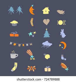 Set of plants, animals and New Year accessory hand drawn in vector. Sketch  templates for your festive design. 