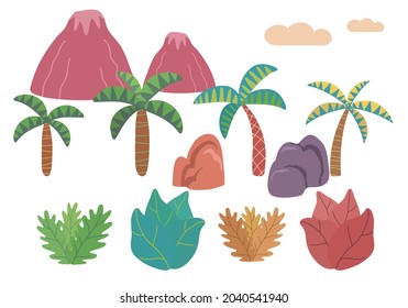 Set of Plants of the dinosaur period forest Jurassic background. Vector illustration with the word wild.