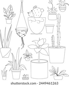 Set of plants in doodle style. Exotic houseplants flowerpot for interior. Urban jungle indoor blooming plants inpot. Vector isolated in white background