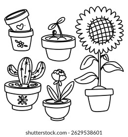 set of plants in a flower pot. sprout, flower, cactus, sunflower, pot. Doodle monochrome illustration. Pleasant spring and summer. Suitable decorations, postcards, packaging, prints, covers with cozy