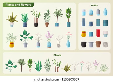 Set of plants and flowers. Cartoon vector illustration. Green home. Elements for interior. 