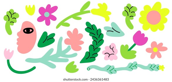 conjunto de plantas y flores en estilo plano en vector. plantilla para diseño de tarjeta de felicitación