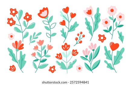 Set of plants, flowers, floral elements inspired of Valentine's Day, mother's day, women's day, birthday. Perfect for, banner, card, postcard, cover.  Isolated vector illustrations. Editable stroke.