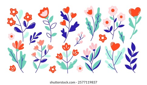 Set of plants, flowers, floral elements inspired of Valentine's Day, mother's day, women's day, birthday. Perfect for, banner, card, postcard, cover. Isolated vector illustrations. Editable stroke.