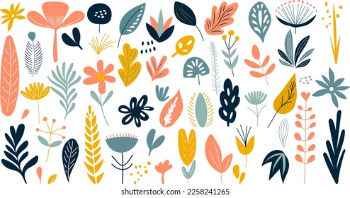 set of plants, flowers, leaves in a flat style on a white background