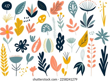 set of plants, flowers, leaves in a flat style on a white background, vector