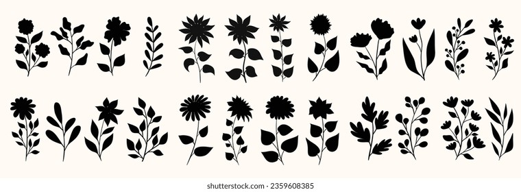 Set of Plants flowers leaves silhouettes vector illustration