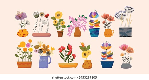 Set of plants flowers on vase, pots element hand drawn vector illustration. Isolated on white background.