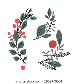 Set of plants with flowers, spruce branches, leaves and berries. Christmas decorations. Holly, spruce, red berries. Hand drawn design elements. Floral design elements for Christmas and New Years.
