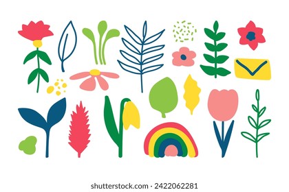 Set of Plants and flowers in style of simple Children drawing. Botanical colorful bright doodle elements. Hand drawn spring greenery Abstract design