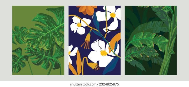 Set of plants and flowers tropical background vector illustration.