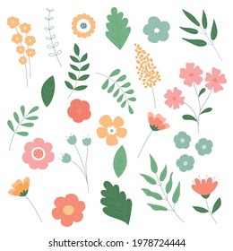 Eine Reihe von Pflanzen und Blumen. Vektorgrafik. Geeignet für Postkarten, Einladungen, Logos, Visitenkarten.