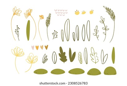 Set plants, flowers. Vector Print for kids room decoration, fabric, paper, card, t shirt, poster, textile. Vector illustration