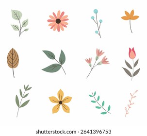 Set of plants, foliage and flowers vector illustration collection set. Cute various doodle cartoon of flower, leaf, grass clip art for asset, decoration, design, material