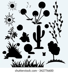 Set plants. Grass with flowers, dandelions, horse-chestnut, cactus in desert and pussy willow branches. Isolated on blue background. Vector silhouettes