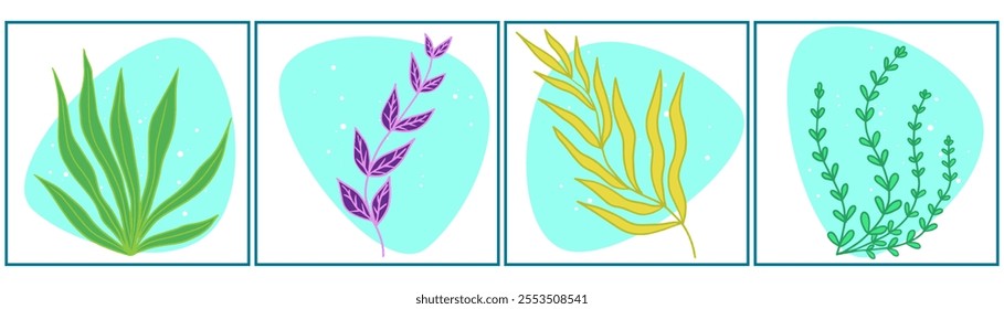 A set of plants growing in water, various algae. Vector illustration on white isolated background