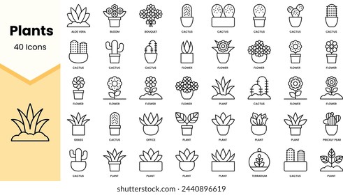 Conjunto de iconos de plantas. Paquete de iconos de estilo de arte de línea simple. Ilustración de vector