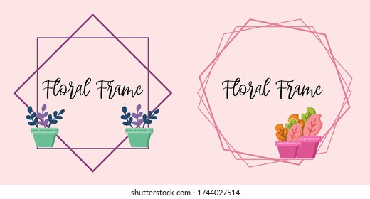 Set of plants include beautiful leaves vector illustrations with geometrical frame pink background. Floral template with vector decorative greeting card, invitation design background.