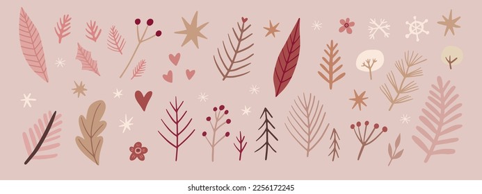 Set of plants, leaves, berries, and branches. Autumn and winter cute boho floral elements. For Christmas cards, wrapping paper, designs, prints, and stickers. Flat hand drawn doodle illustration