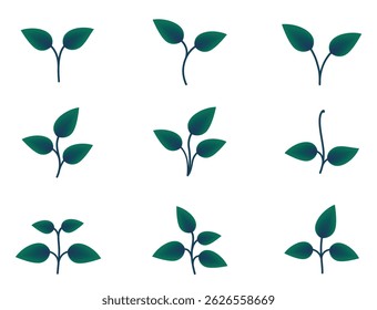 Conjunto de plantas com folhas verde ilustrações gradiente. Natureza e elementos de design de plantio. Imagens vetoriais isoladas