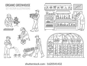 Set with plants and people cartoon characters working in greenhouse, thin black line vector illustration isolated on white background. Gardening and planting industry.