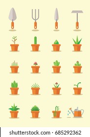 set of plants in pot in flat vector style
