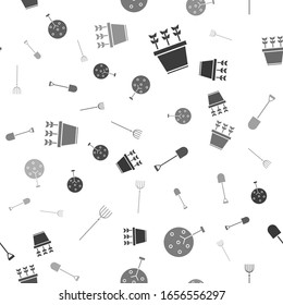 Set Plants in pot, Tree, Shovel and Garden pitchfork on seamless pattern. Vector