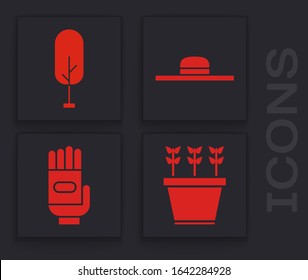 Set Plants in pot, Tree, Worker hat and Garden gloves icon. Vector
