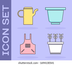 Set Plants in pot, Watering can, Kitchen apron and Flower pot icon. Vector