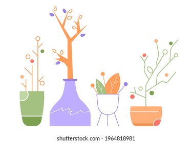 Set of plants in pots. Botanical decor. Vector flat illustration.