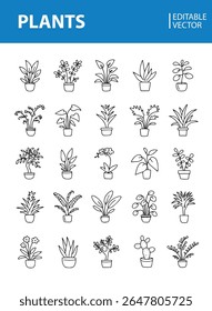 Set of plants in pots. Collection of growing plant for interior home or office decoration. Set of succulent plants and home plants. Vector illustration of garden flowers.
