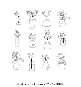 Set of plants in pots. Coloring book. Illustration of vase with flowers. Banch with green leaves. Ceramic vase. Glass vase. Decoe for house. Vase of flowers. Flowerpot. Hand-drawn. Flat design. Vector