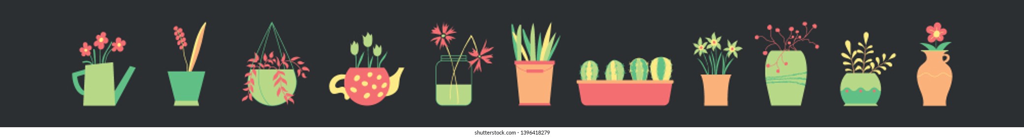 Set of plants in pots. Illustration of vase with flowers. Banch with green leaves. Ceramic vase. Glass vase. Decoe for house. Vase of flowers. Flowerpot. Hand-drawn. Flat design. Vector illustration.