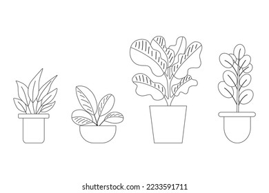 Conjunto de plantas en macetas. Potado de la colección de la planta de filtrado de aire de la colección de la línea delgada negra de la ilustración de la colección.